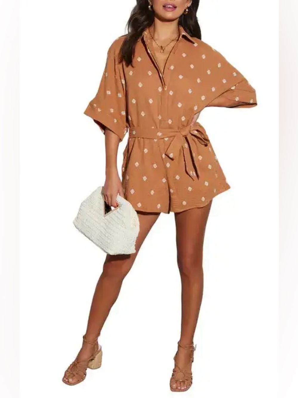 Vici Collection Fallon Tie Belt Seersucker Camel Embroidered Button-Up Romper, M